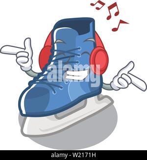 Listening music ice skates in character wooden cabinets Stock Vector