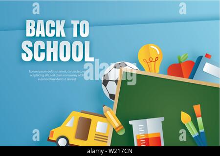 Back to school banner with education items on blue background in paper art style. Stock Vector