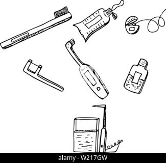 Dental services objects isolated on black background . Doodle style dental cleaning and care tools. Stomatology and orthodontics instruments and tools Stock Vector