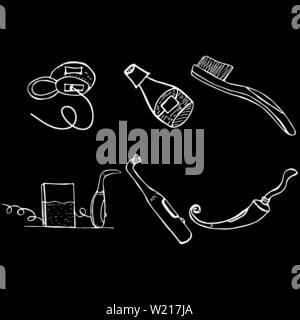 Dental services objects isolated on black background . Doodle style dental cleaning and care tools. Stomatology and orthodontics instruments and tools Stock Vector
