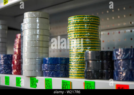 Chelyabinsk Region, Russia - June 2019. Electrical goods store. Sale of electrical tape.