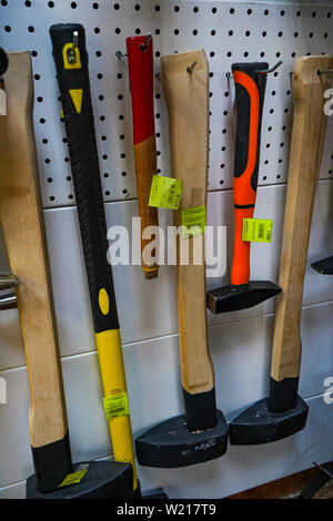 Chelyabinsk Region, Russia - JUNE 2019. Hardware store. Axes and hammers on sale