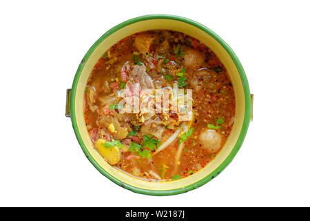 Spicy noodle soup with meat, put the Pinto on  a white background. Stock Photo