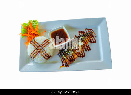 Isolated Japanese food ,saba fish with streamed rice on white background Stock Photo