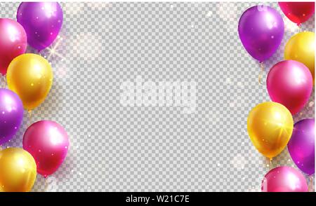 Colorful balloons on a transparent background. Vector borders for birthday or party decoration. Stock Vector