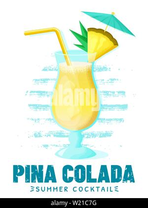 Pina Colada - summer cocktail with pineapple slice, straw and umbrella. Poster with glass of alcoholic drink on striped background. Vector illustratio Stock Vector