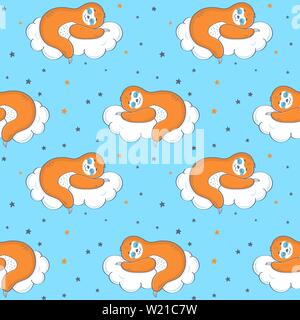Seamless pattern with sloth sleeping on a cloud. Cute vector background. Stock Vector