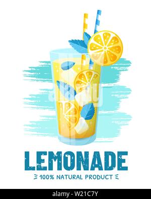 Banner with lemonade. Modern vector illustration with glass of fresh and natural summer drink with lemon slices, ice cubes and mint leaves on white ba Stock Vector