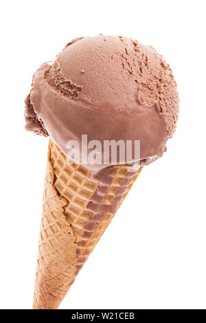 A scoop of chocolate ice cream in a fresh cone diagonal from above isolated on white background Stock Photo