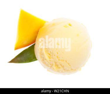A scoop of mango ice cream from the top with fruit isolated on white background Stock Photo