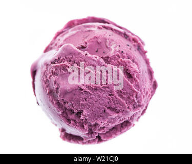 single blueberry ice cream scoop isolated on white background from a bird´s eye view Stock Photo