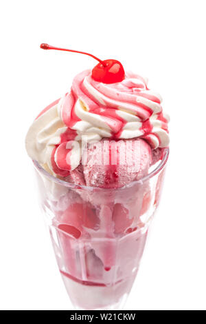 cherry ice cream sundae with whipped cream and cocktail cherry isolated on white background Stock Photo