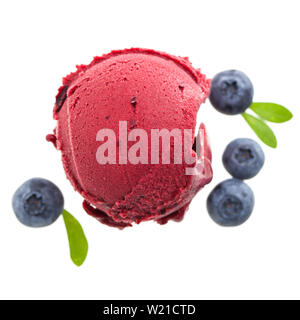 a single scoop blueberry ice cream with blueberries and blueberry leafs isolated on white background Stock Photo