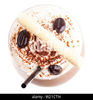 Iced coffee with coffee beans from the air isolated on white background Stock Photo