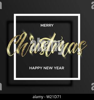 Gold lettering Christmas in the square frame Stock Vector