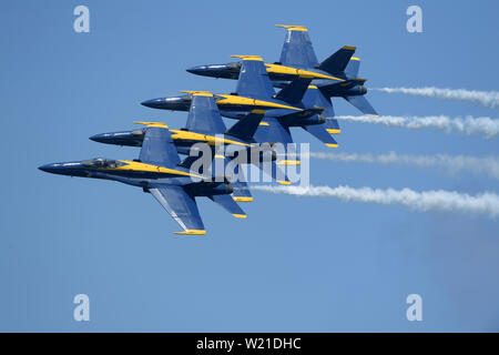 FORT LAUDERDALE, FL - MAY 04: U.S. Navy Blue Angels Team performs in the Ford Lauderdale Air Show on May 4, 2019 in Fort Lauderdale, Florida People: U.S. Navy Blue Angels Team Transmission Ref: FLXX Stock Photo