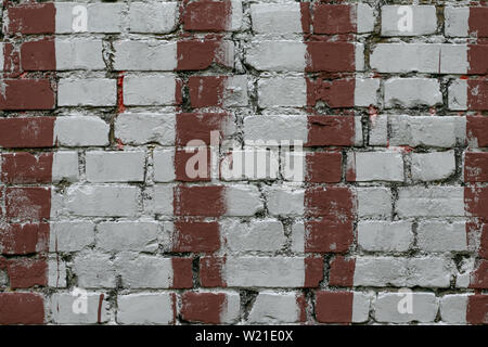 White Painted Brick Wall with Red Vertical Stripes, Weathered Masonry Texture Background, Aged Urban Construction Surface with Rough Pattern for Desig Stock Photo