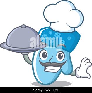 Chef with food winter gloves put wooden cartoon table Stock Vector