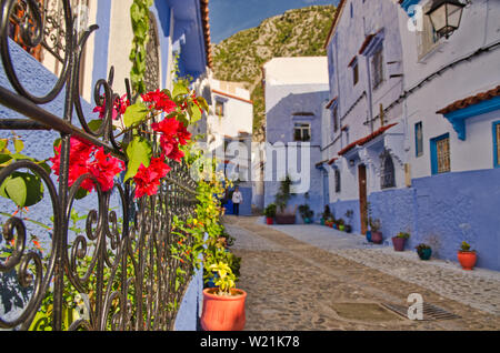 Beautiful view of the square in the blue city of Chefchaouen. Location: Chefchaouen, Morocco, Africa. Artistic picture. Beauty world Stock Photo