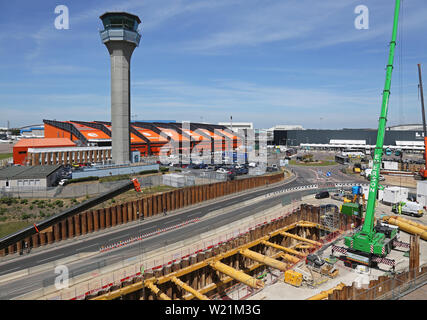 London Luton Airport, central area showing Easyjet Head Office, control tower and excavation for the new DART rail link - due to open in 2021. Stock Photo