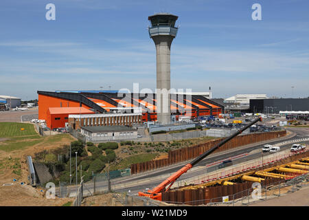 London Luton Airport, central area showing Easyjet Head Office, control tower and excavation for the new DART rail link - due to open in 2021. Stock Photo