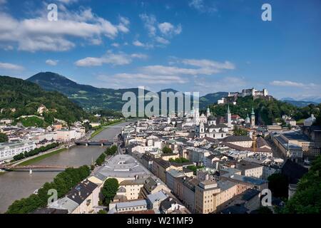 View from the Monchsberg to the old town with the river Salzach and Hohensalzburg Castle, Salzburg, Land Salzburg, Austria Stock Photo