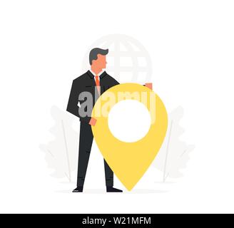 Businessman holding a big map pointer. Concept of navigation, office location, delivery. Stock Vector