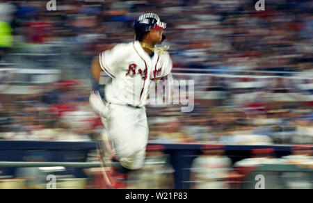 June 14, 2019: Atlanta Braves infielder Ozzie Albies heads to first base on  a ground ball single during the fifth inning of a MLB game against the  Philadelphia Phillies at SunTrust Park