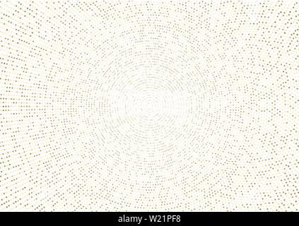 Abstract golden splash or halftone glittering effect with dot radial pattern and glowing lights on white background. Vector illustration Stock Vector