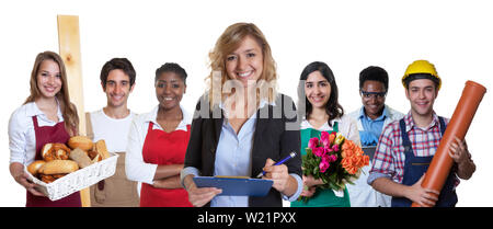 Laughing female business trainee with group of other international apprentices on an isolated white background for cut out Stock Photo