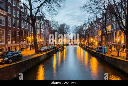 Dusk, Canal, Leidsegracht, Amsterdam, North Holland, Netherlands Stock Photo