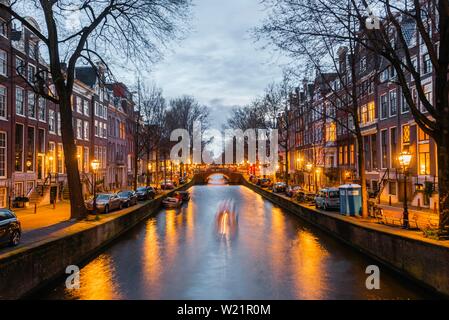 Dusk at the canal, Leidsegracht, Amsterdam, North Holland, Netherlands Stock Photo
