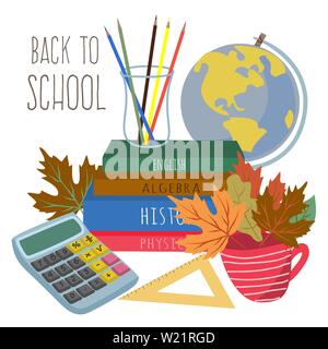 Back to school. Cute vector illustration for poster, background, banner or card, freehand drawing with stationery, books, calculator and globe on a Stock Vector
