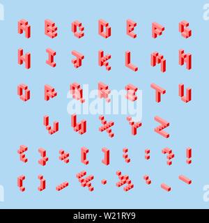 Isometric pixel-art alphabet and symbols in red and yellow. 3D retro gaming font with letters from A to Z, numbers, and punctuation marks isolated on Stock Vector