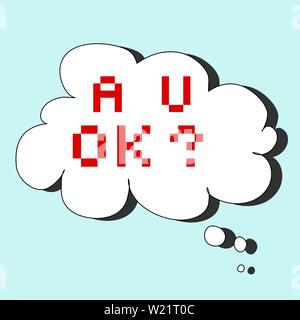 Retro game text inside a white thought bubble with drop shadow on light blue background. "R U OK?" in red pixel font Stock Vector