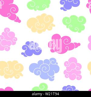 Seamless pattern of colorful stylized clouds with white spiral line art. Vector illustration of traditional oriental sky ornament for kids and nursery Stock Vector