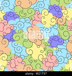 Seamless pattern of colorful stylized clouds with black spiral line art. Vector illustration of traditional oriental sky ornament in pastel colors for Stock Vector