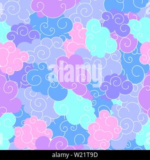 Seamless pattern of colorful stylized clouds with white spiral line art. Vector illustration of traditional oriental sky ornament for kids and nursery Stock Vector