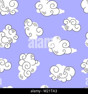 Seamless pattern of white stylized clouds with black spiral line art.  spaced-out pattern of traditional oriental sky ornament for kids and nursery Stock Vector