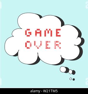 Retro game text inside a white thought bubble with drop shadow on light blue background. "GAME OVER" in red pixel font Stock Vector