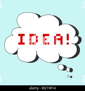 Retro game text inside a white thought bubble with drop shadow on light blue background. IDEA! in red pixel font Stock Vector