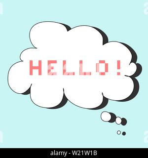 Retro game text inside a white thought bubble with drop shadow on light blue background. "HELLO!" in red pixel font Stock Vector