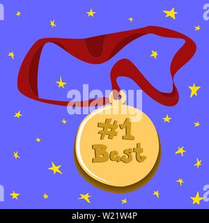 Gold medal with red ribbon and "#1 Best" text on purple background with yellow stars. Vector illustration of first place award for winner or champion Stock Vector
