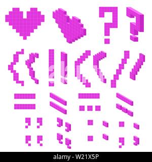 Magenta pixel-art hearts and punctuation set in flat and 3D isometric styles. Includes heart, question mark, exclamation, brackets, and math symbols o Stock Vector
