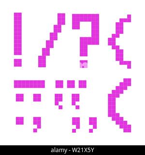 A selection of bright magenta pixel-art punctuation marks on a plain white background, rendered in a 16-bit style. set includes an exclamation mark Stock Vector