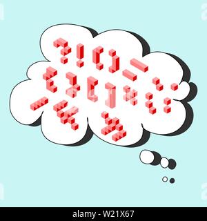 Red 3D isometric pixel-art punctuation marks inside a white thought bubble. Includes question mark, exclamation, and math symbols. Retro gaming style Stock Vector