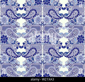 Woodblock printed indigo dye seamless ethnic floral pattern. Traditional oriental ornament of India, paisley and flowers motif, blue on ecru Stock Vector