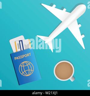 Air travel banner. Passport - vacation concept design. Banner with airplane and vacation tickets. Vector illustration Stock Vector