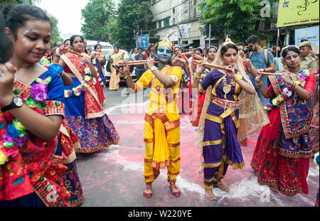 Ratha Jatra, also referred to as Rathayatra or Chariot festival is  public procession in a chariot. The term particularly refers to the annual Rathajatra in Odisha, Jharkhand, West Bengal and other East Indian states, particularly the Odia festival that involve a public procession with a chariot with deities Jagannath (Vishnu avatar), Balabhadra (his brother), Subhadra (his sister) and Sudarshana Chakra (his weapon) on a ratha, a wooden deula-shaped chariot. It attracts over a million Hindu pilgrims who join the procession each year. (Photo by Amlan Biswas/Pacific Press) Stock Photo