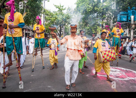 Ratha Jatra, also referred to as Rathayatra or Chariot festival is  public procession in a chariot. The term particularly refers to the annual Rathajatra in Odisha, Jharkhand, West Bengal and other East Indian states, particularly the Odia festival that involve a public procession with a chariot with deities Jagannath (Vishnu avatar), Balabhadra (his brother), Subhadra (his sister) and Sudarshana Chakra (his weapon) on a ratha, a wooden deula-shaped chariot. It attracts over a million Hindu pilgrims who join the procession each year. (Photo by Amlan Biswas/Pacific Press) Stock Photo